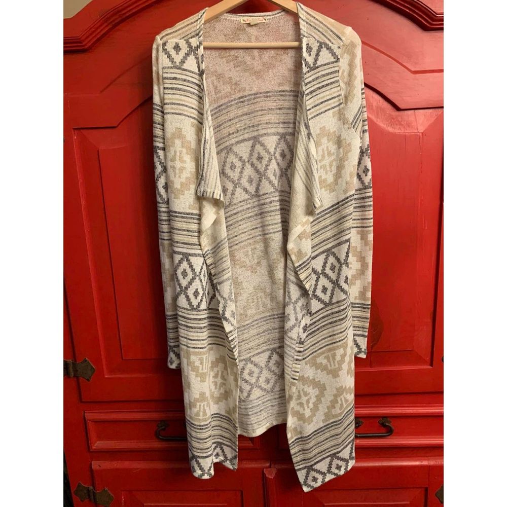 Its Our Time Size Large Long Light Cardigan Sweater Aztec Tribal Print Brown EUC